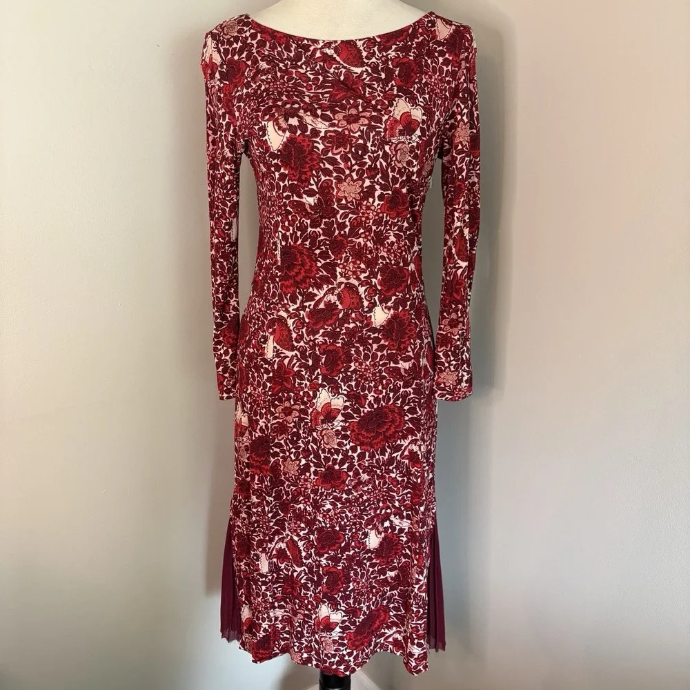 Tory Burch Ria Red Butterfly Floral Dress S Sheath Pleated Side Slit Long Sleeve